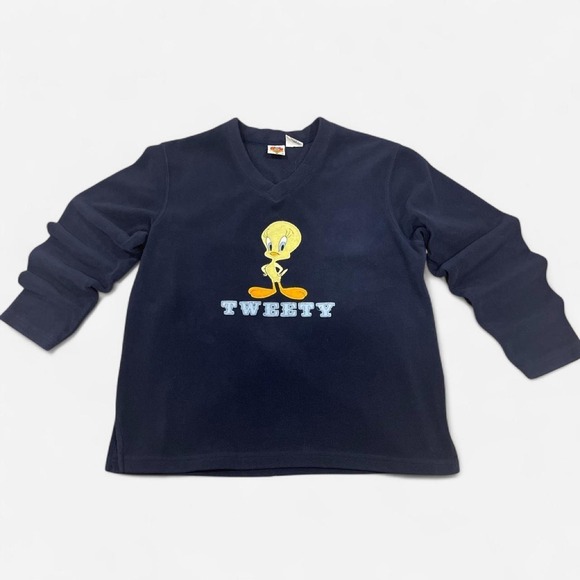 Looney Tunes Mania Tops - Vintage Looney Tunes Tweety Bird Fleece Sweatshirt Navy Blue V-Neck Pullover